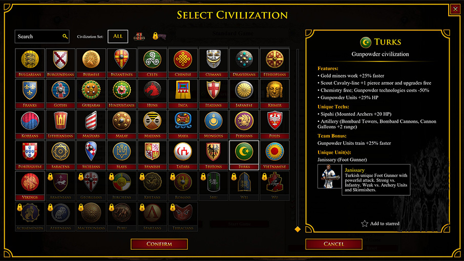 Select Civilization screen
